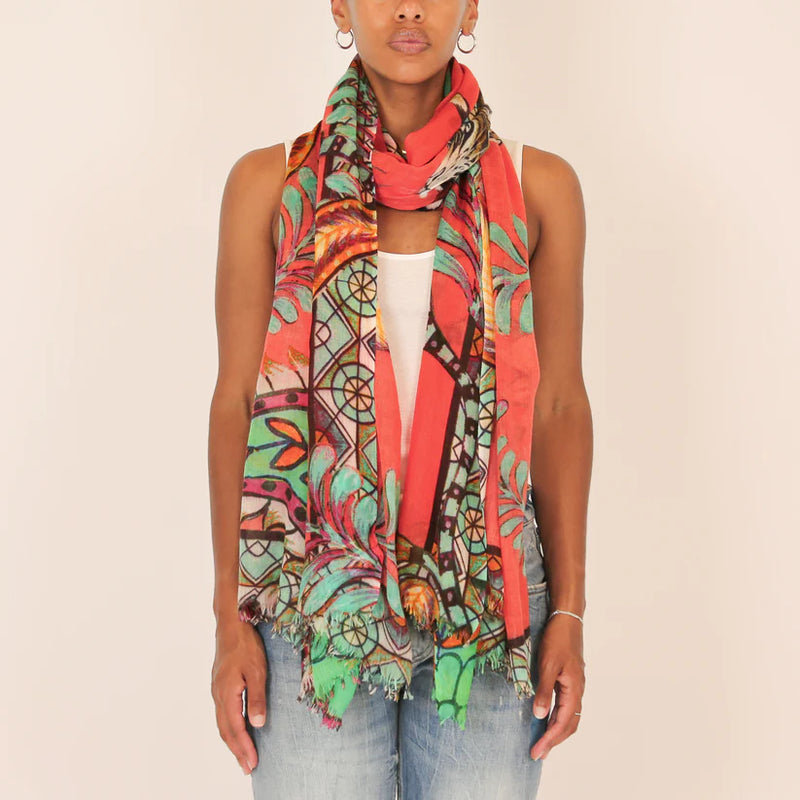 "TIGER & JUNGLE" HANDPRINTED SCARF - CORAL