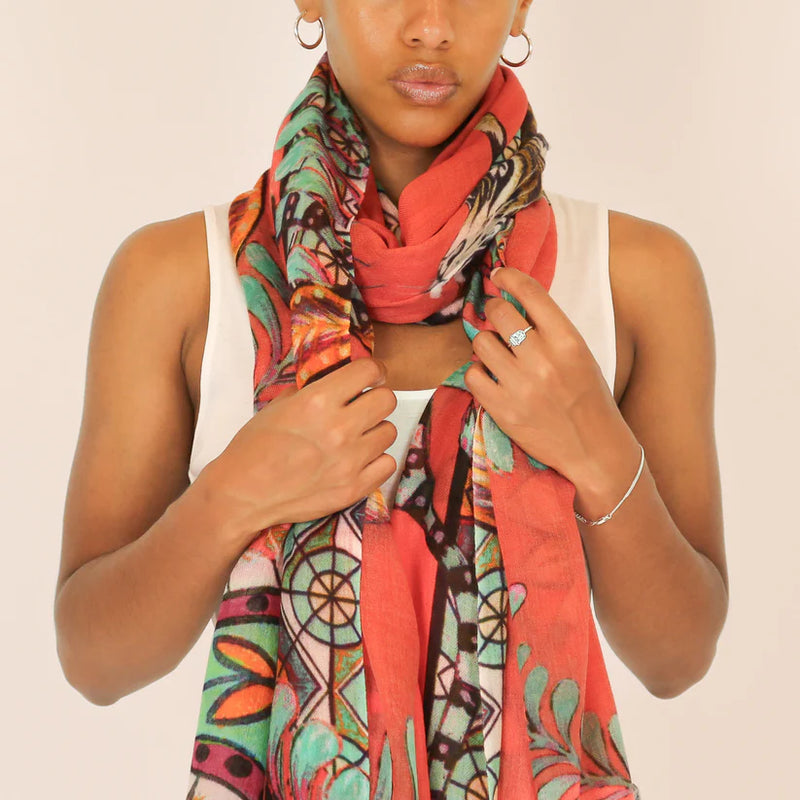 "TIGER & JUNGLE" HANDPRINTED SCARF - CORAL