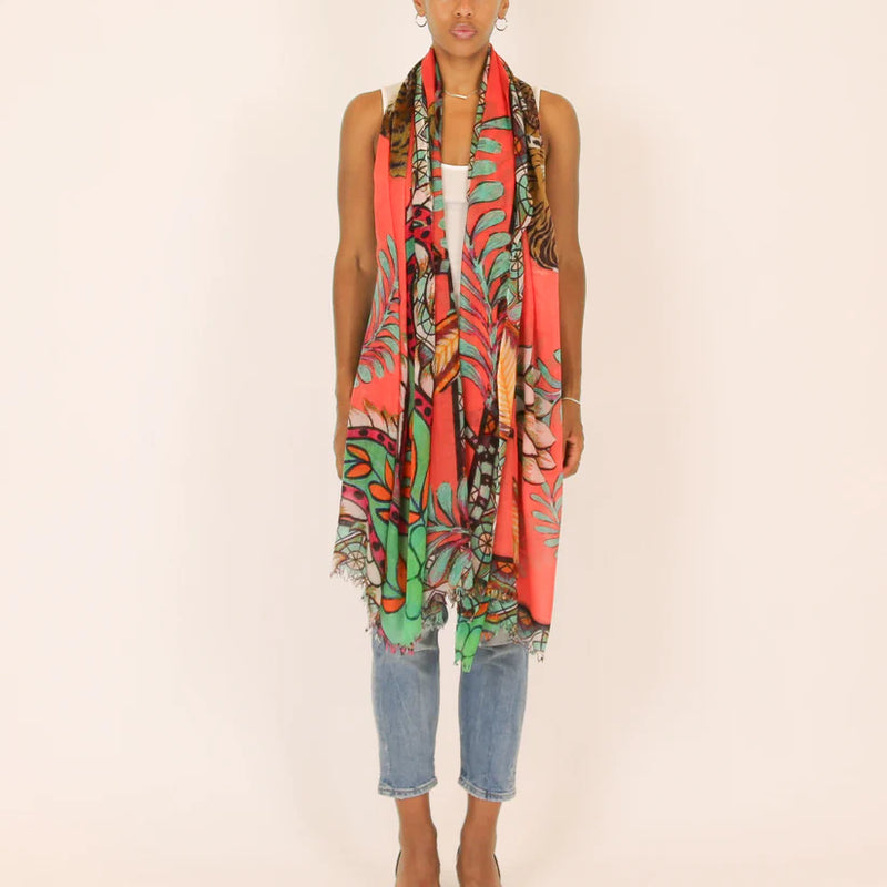 "TIGER & JUNGLE" HANDPRINTED SCARF - CORAL