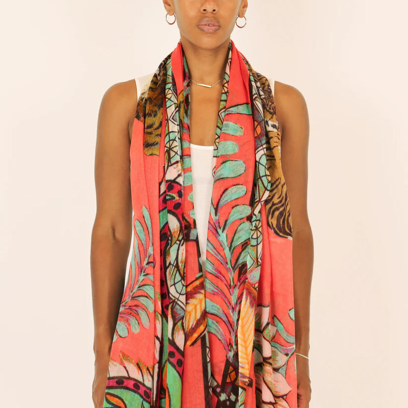 "TIGER & JUNGLE" HANDPRINTED SCARF - CORAL