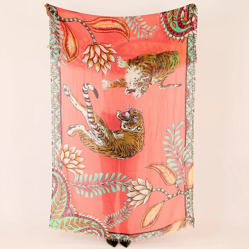 "TIGER & JUNGLE" HANDPRINTED SCARF - CORAL