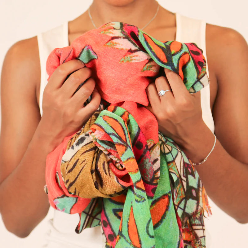 "TIGER & JUNGLE" HANDPRINTED SCARF - CORAL