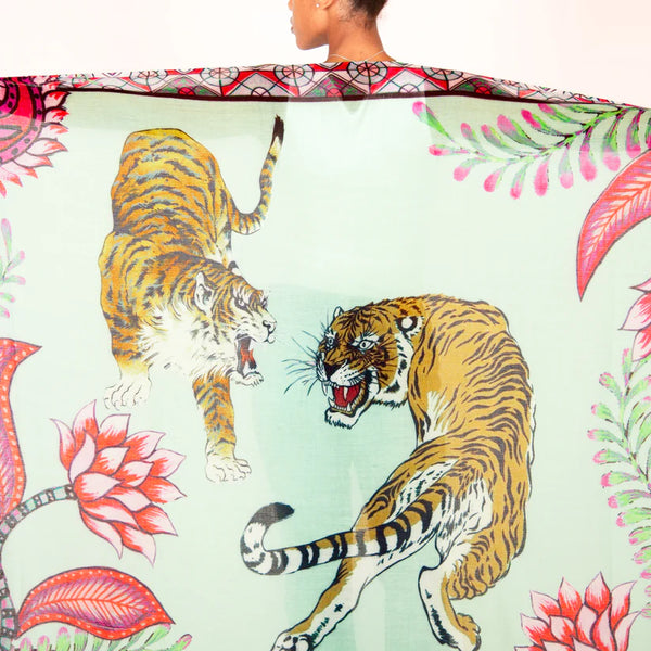 "TIGER & JUNGLE" HANDPRINTED SCARF - MINT