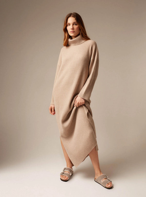 BIANCA | ROLL NECK CASHMERE & WOOL DRESS SAND