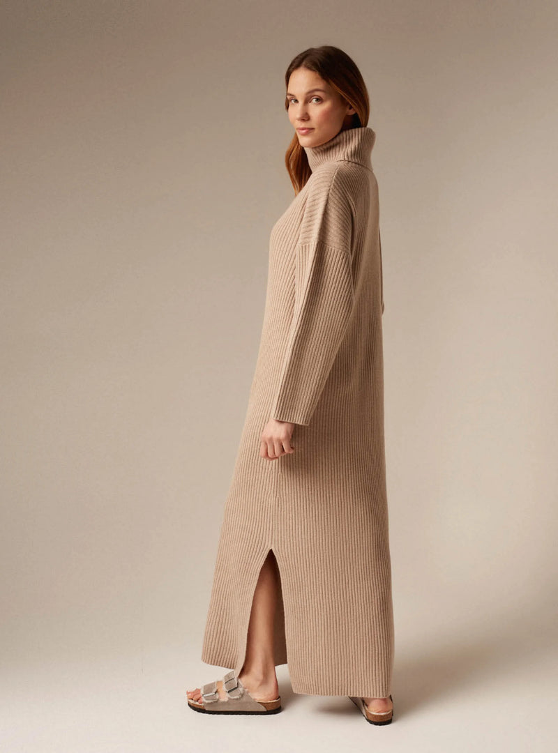 BIANCA | ROLL NECK CASHMERE & WOOL DRESS SAND