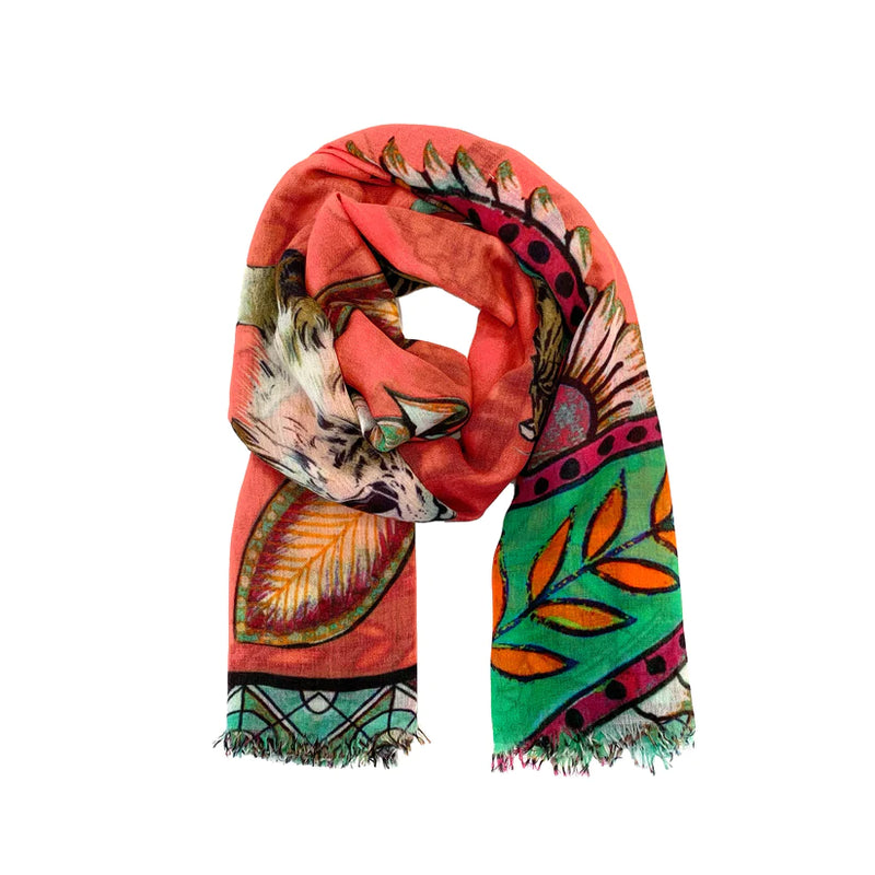 "TIGER & JUNGLE" HANDPRINTED SCARF - CORAL