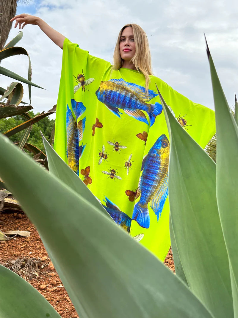 "BUTTERFLY & FISH" SILK TUNIC - GREEN