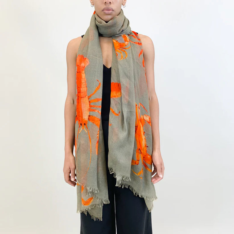 "Crab & Lobster" Handprinted scarf - TAUPE