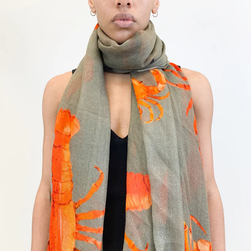 "Crab & Lobster" Handprinted scarf - TAUPE