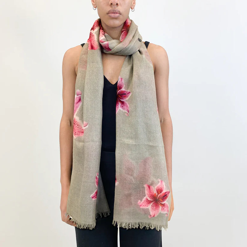 "Lilly" Handprinted Scarf - Taupe