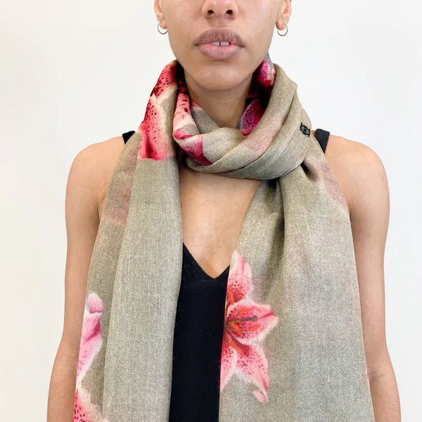 "Lilly" Handprinted Scarf - Taupe