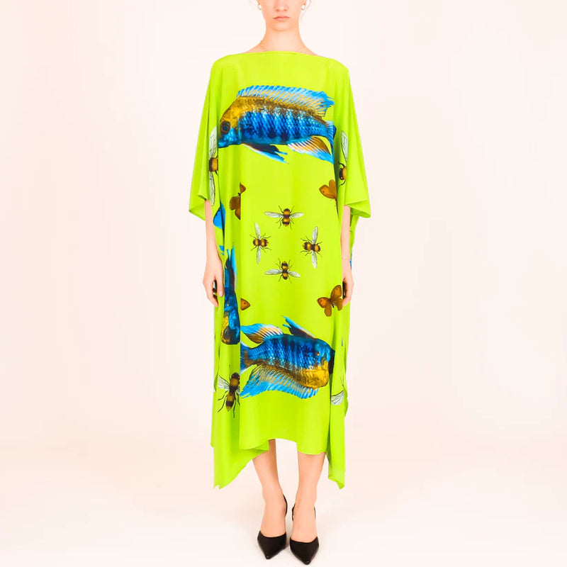 "BUTTERFLY & FISH" SILK TUNIC - GREEN