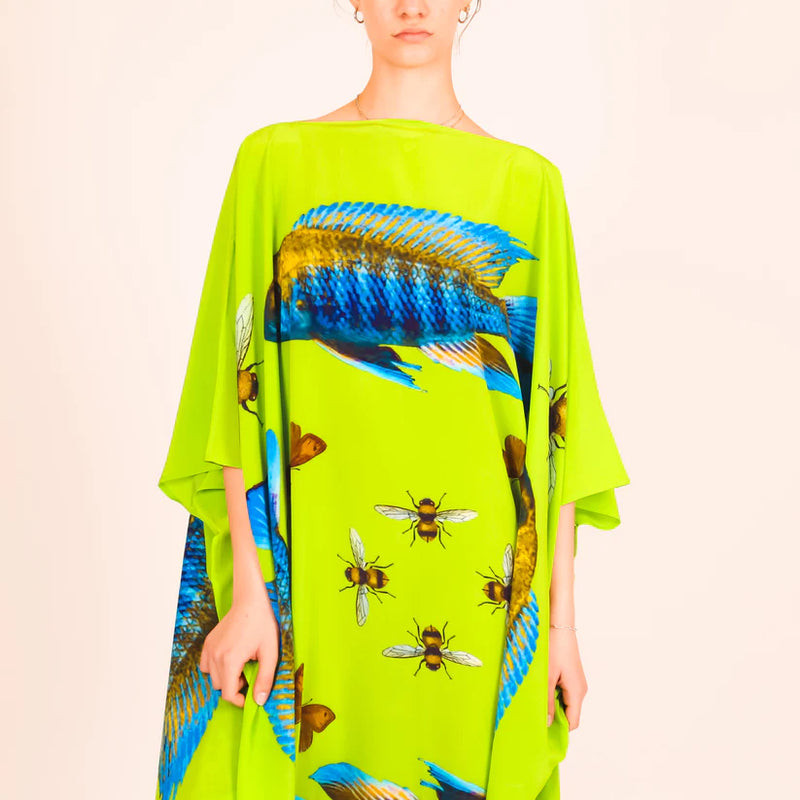 "BUTTERFLY & FISH" SILK TUNIC - GREEN