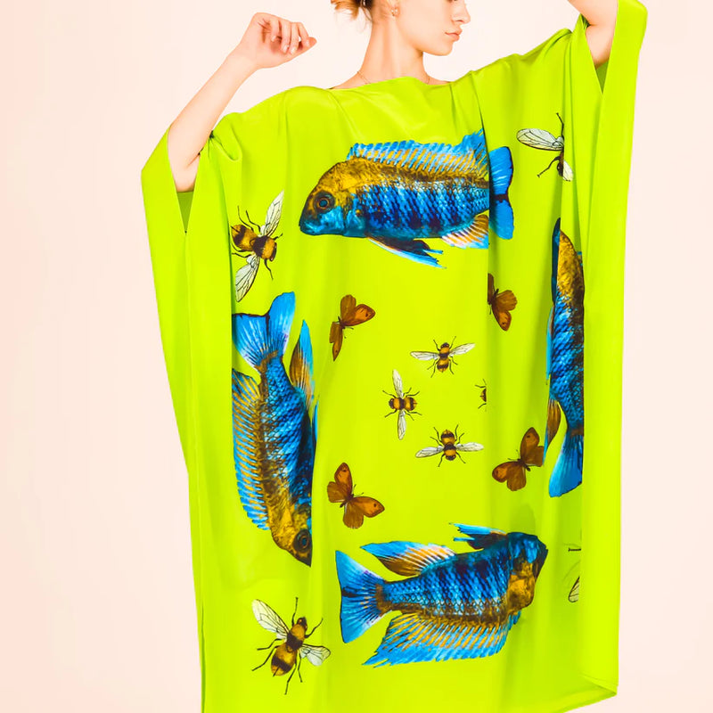 "BUTTERFLY & FISH" SILK TUNIC - GREEN