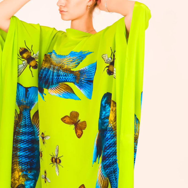 "BUTTERFLY & FISH" SILK TUNIC - GREEN