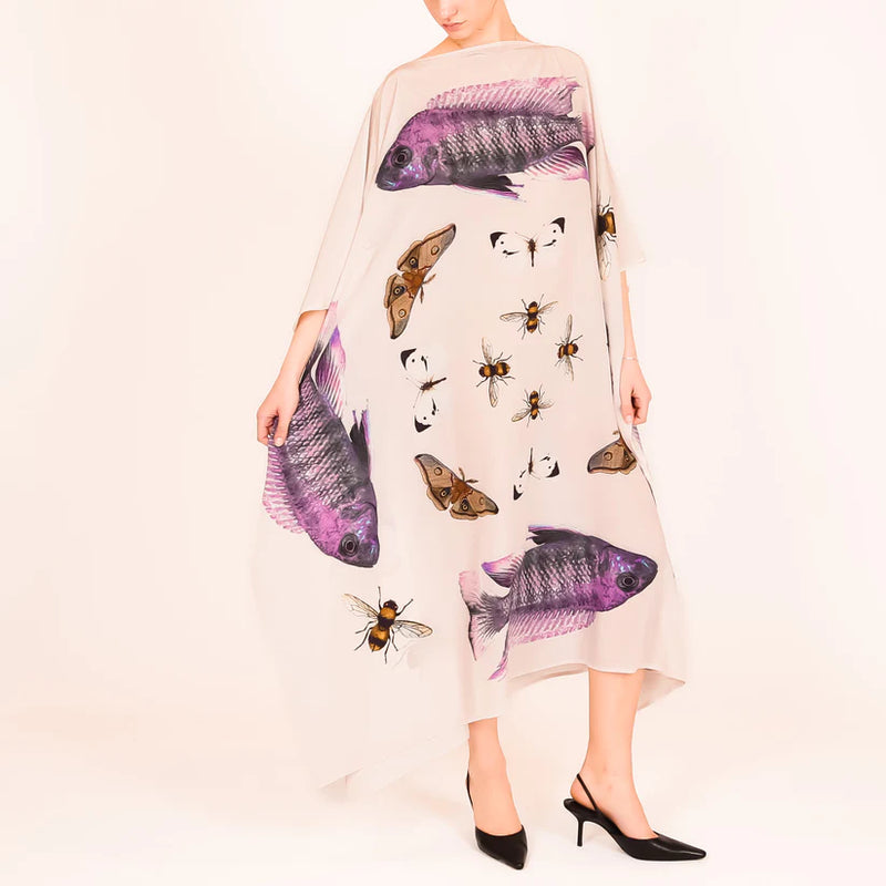 "BUTTERFLY & FISH" SILK TUNIC - TAUPE