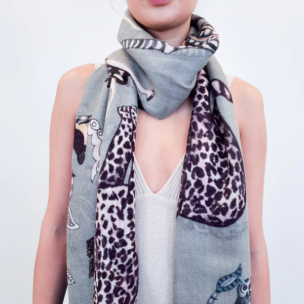 "Wildlife" Handprinted Scarf - Light grey