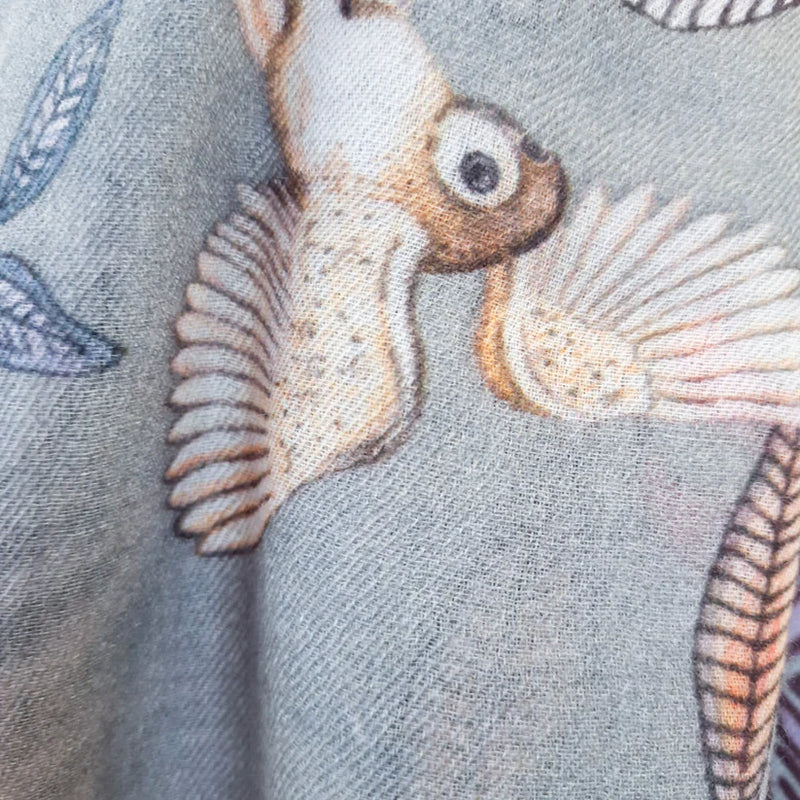 "Wildlife" Handprinted Scarf - Light grey