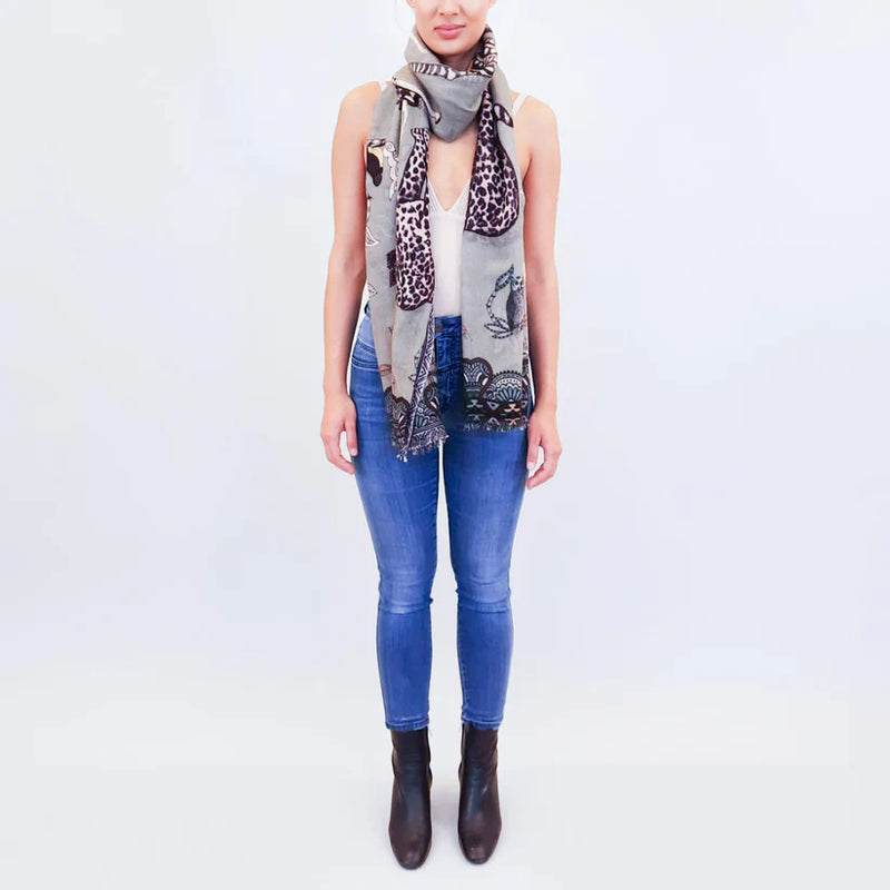 "Wildlife" Handprinted Scarf - Light grey