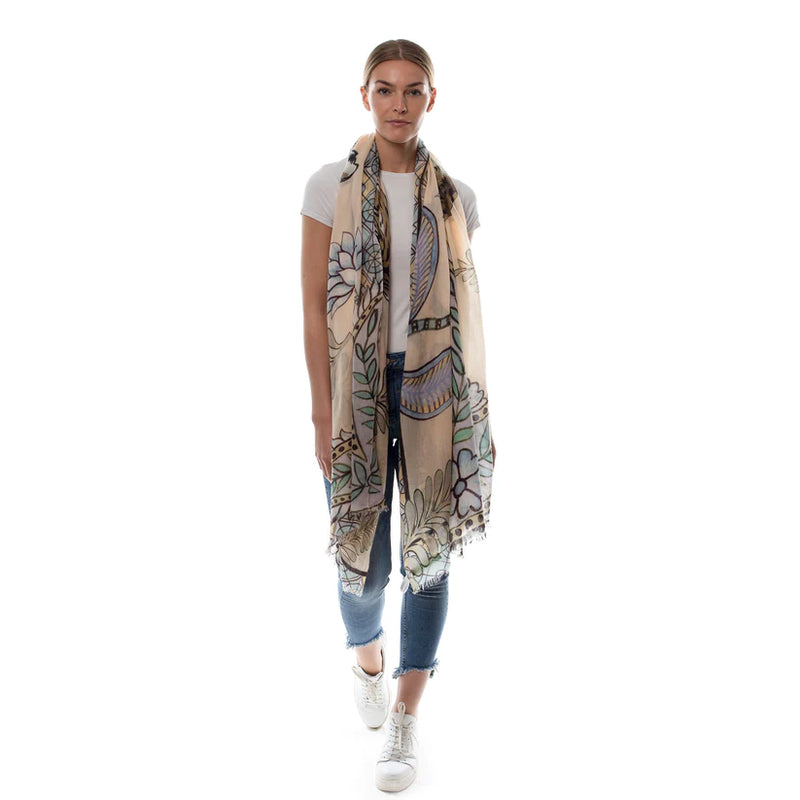 "TIGER & JUNGLE" HANDPRINTED SCARF - CREME