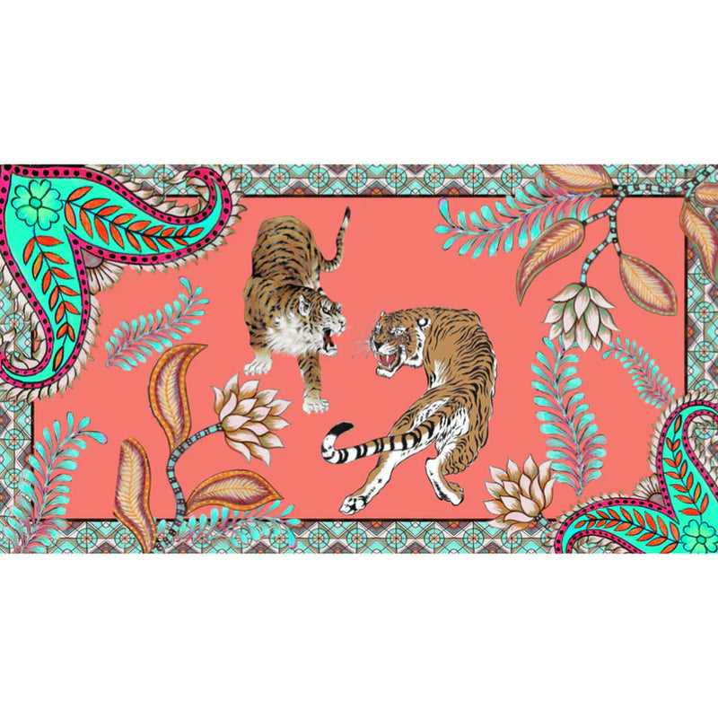 "TIGER & JUNGLE" HANDPRINTED SCARF - CORAL