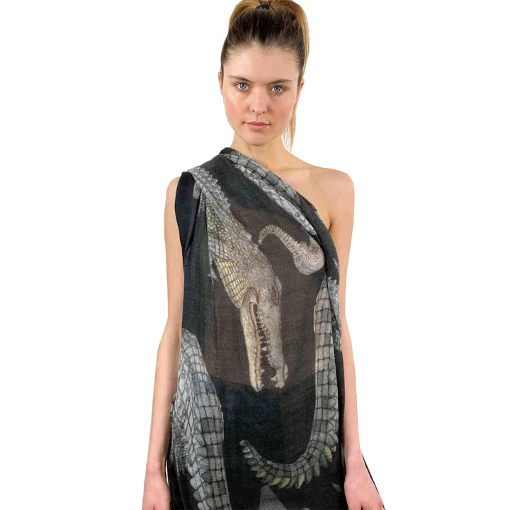 "Crocodile " Handprinted scarf - DARKGREY