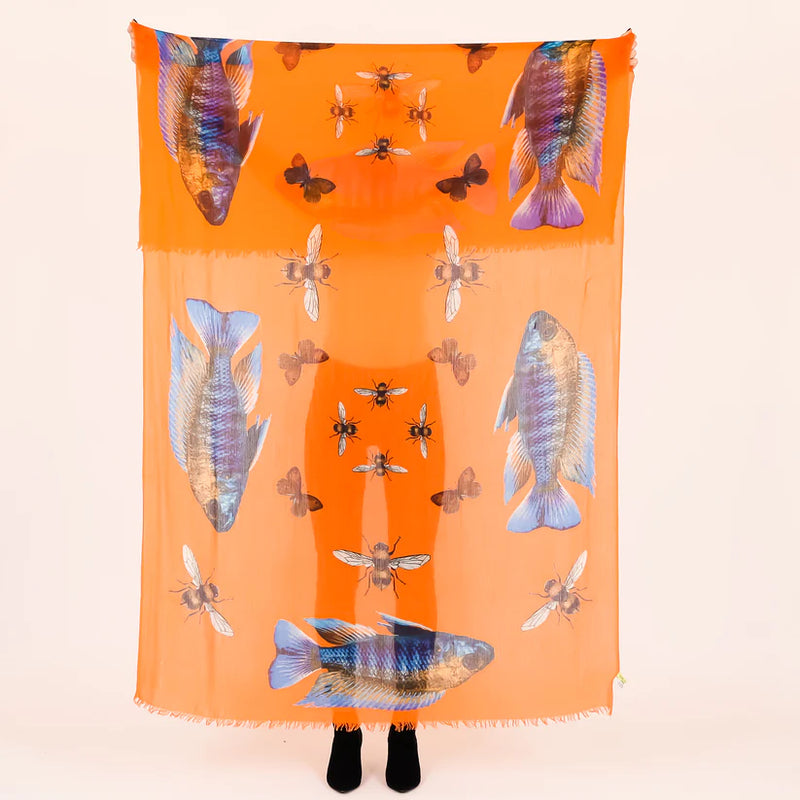 "Butterfly & Fish" Handprinted scarf - orange