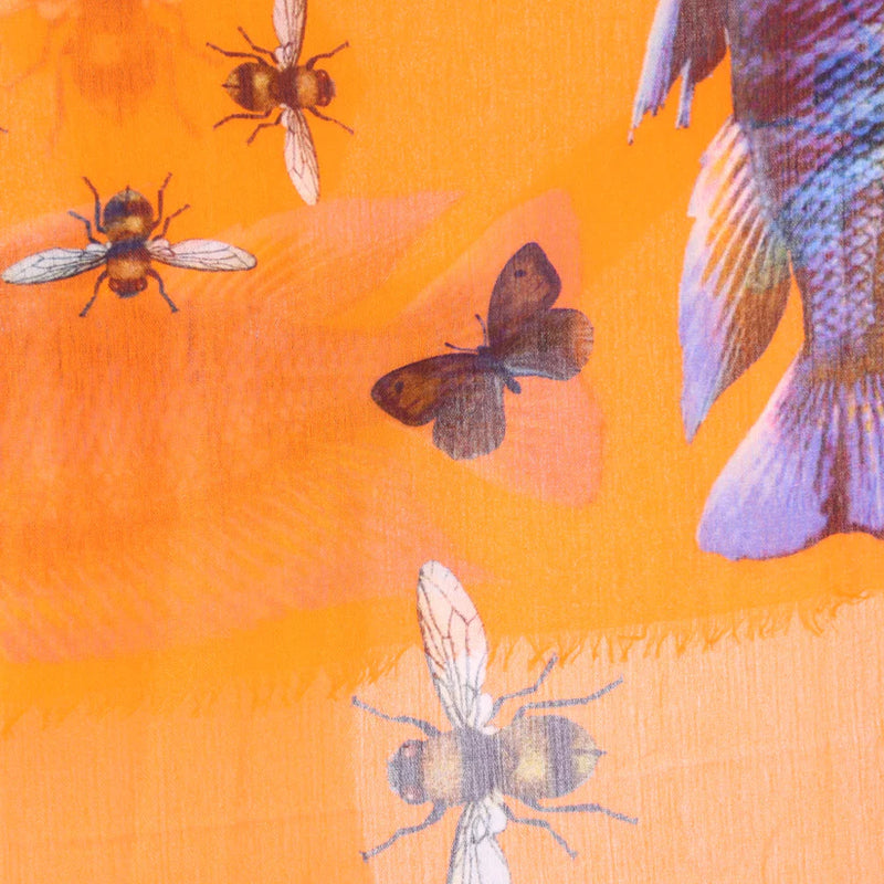 "Butterfly & Fish" Handprinted scarf - orange