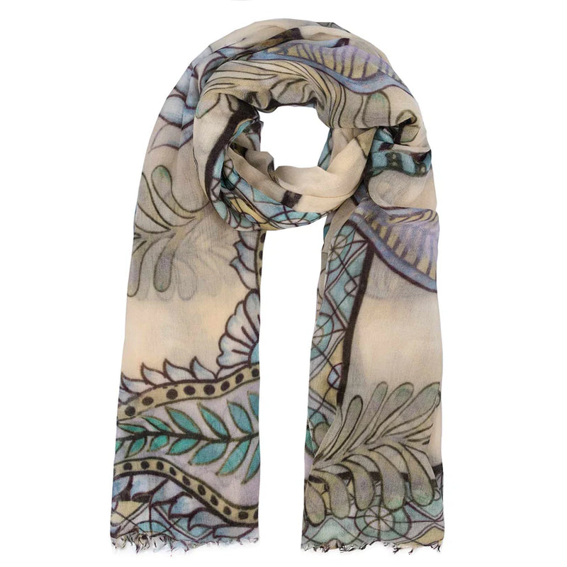 "TIGER & JUNGLE" HANDPRINTED SCARF - CREME