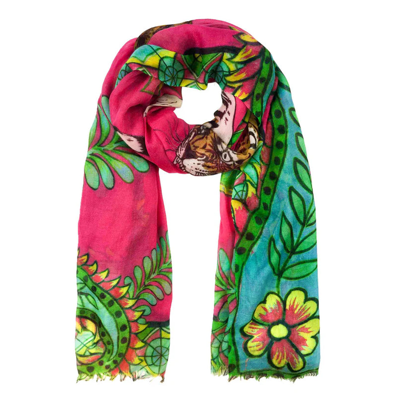 "TIGER & JUNGLE" HANDPRINTED SCARF - PINK