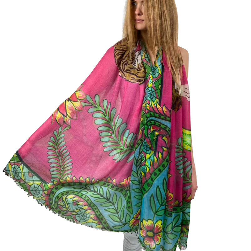 "TIGER & JUNGLE" HANDPRINTED SCARF - PINK