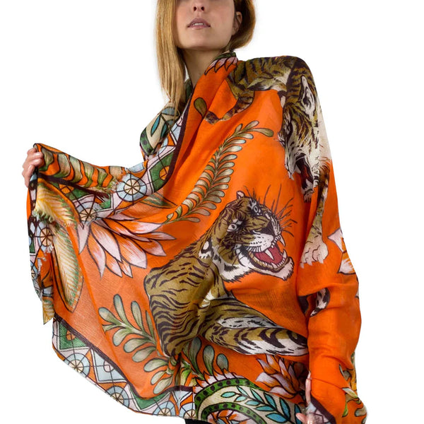 "TIGER & JUNGLE" HANDPRINTED SCARF - ORANGE