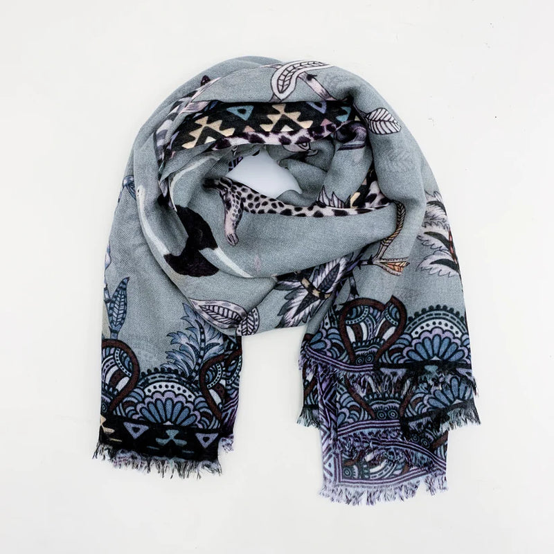 "Wildlife" Handprinted Scarf - Light grey