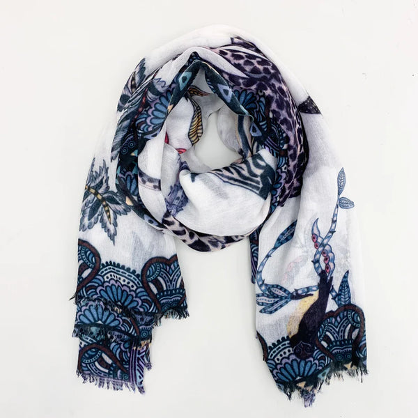 "Wildlife" Handprinted Scarf - White