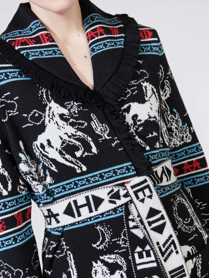 Bronco Merino Jacquard Long Cardigan Black