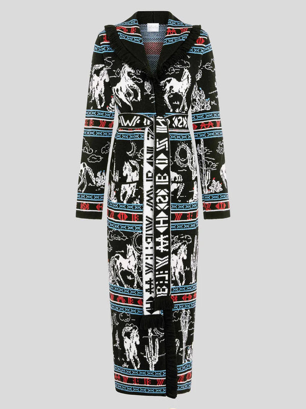 Bronco Merino Jacquard Long Cardigan Black