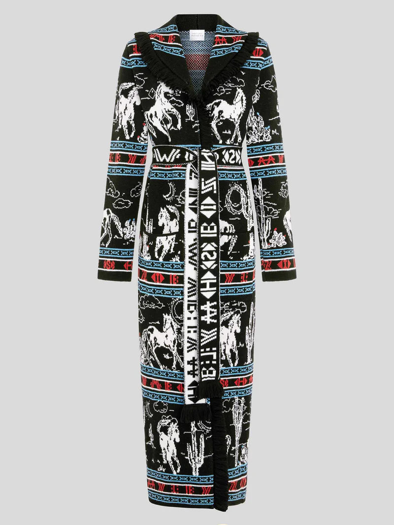Bronco Merino Jacquard Long Cardigan Black